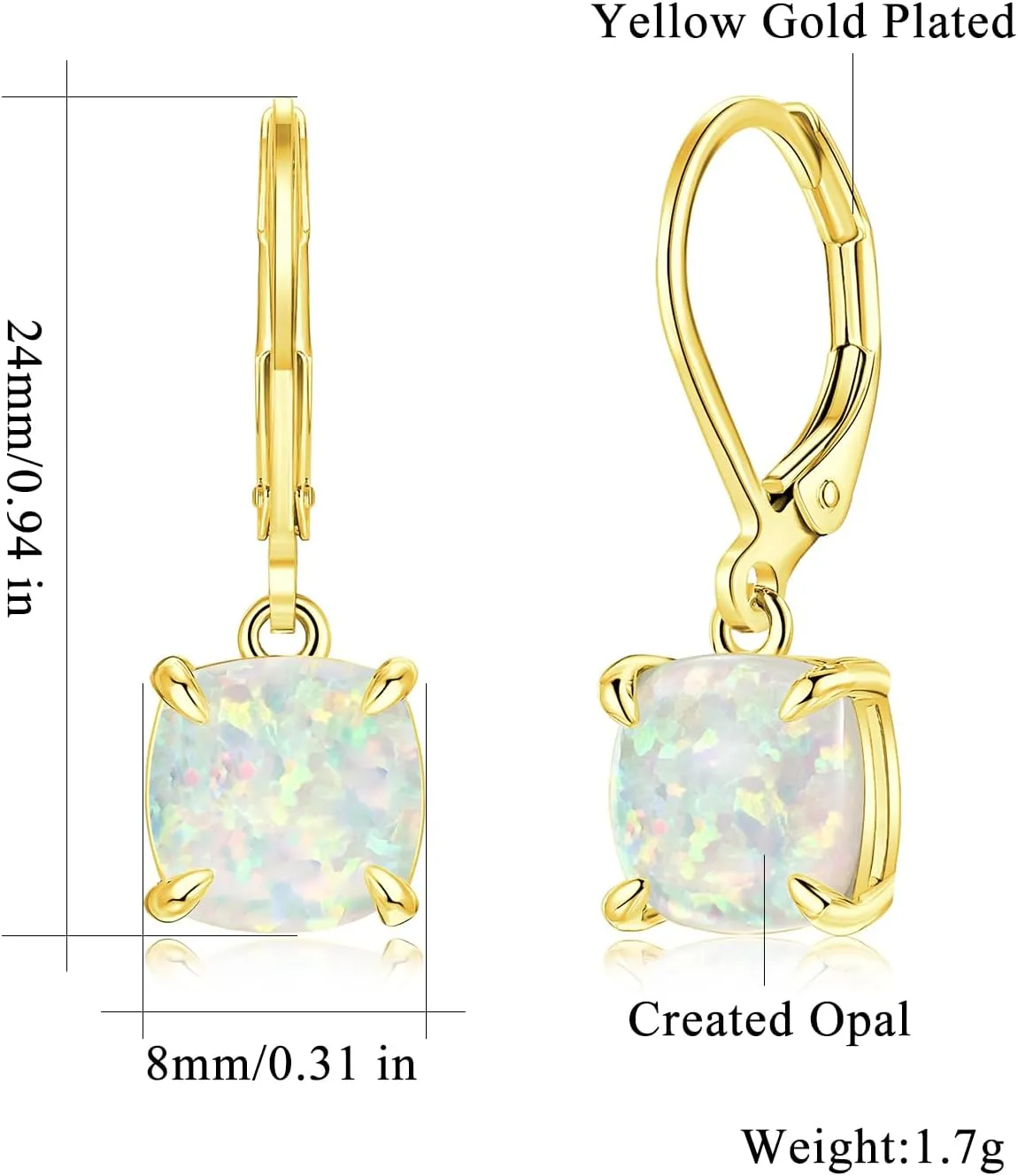 CiNily Square-Cut Opal Earrings Leverback Drop Earrings for Women Hypoallergenic, Pendant Earrings 14K White Gold/Gold Dangle Earrings Opal Hoops Birthday Wedding Mothers Day Jewelry Gifts