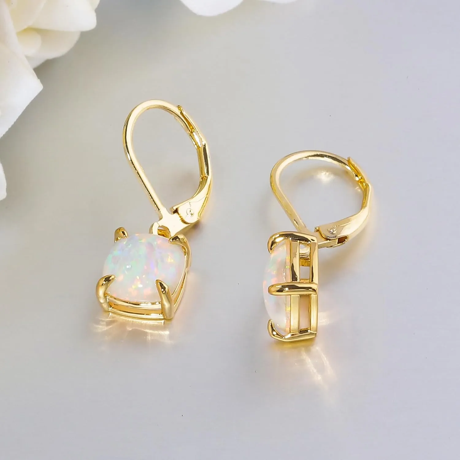 CiNily Square-Cut Opal Earrings Leverback Drop Earrings for Women Hypoallergenic, Pendant Earrings 14K White Gold/Gold Dangle Earrings Opal Hoops Birthday Wedding Mothers Day Jewelry Gifts