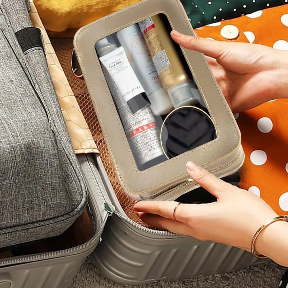 Clear Makeup Bag Organizer, TSA Approved Portable Travel Toiletry Bag Multipurpose Cosmetic Bag Case for Women Vegan Leather Make Up Pouch Transparent Vinyl Windows