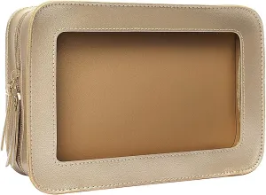 Clear Makeup Bag Organizer, TSA Approved Portable Travel Toiletry Bag Multipurpose Cosmetic Bag Case for Women Vegan Leather Make Up Pouch Transparent Vinyl Windows