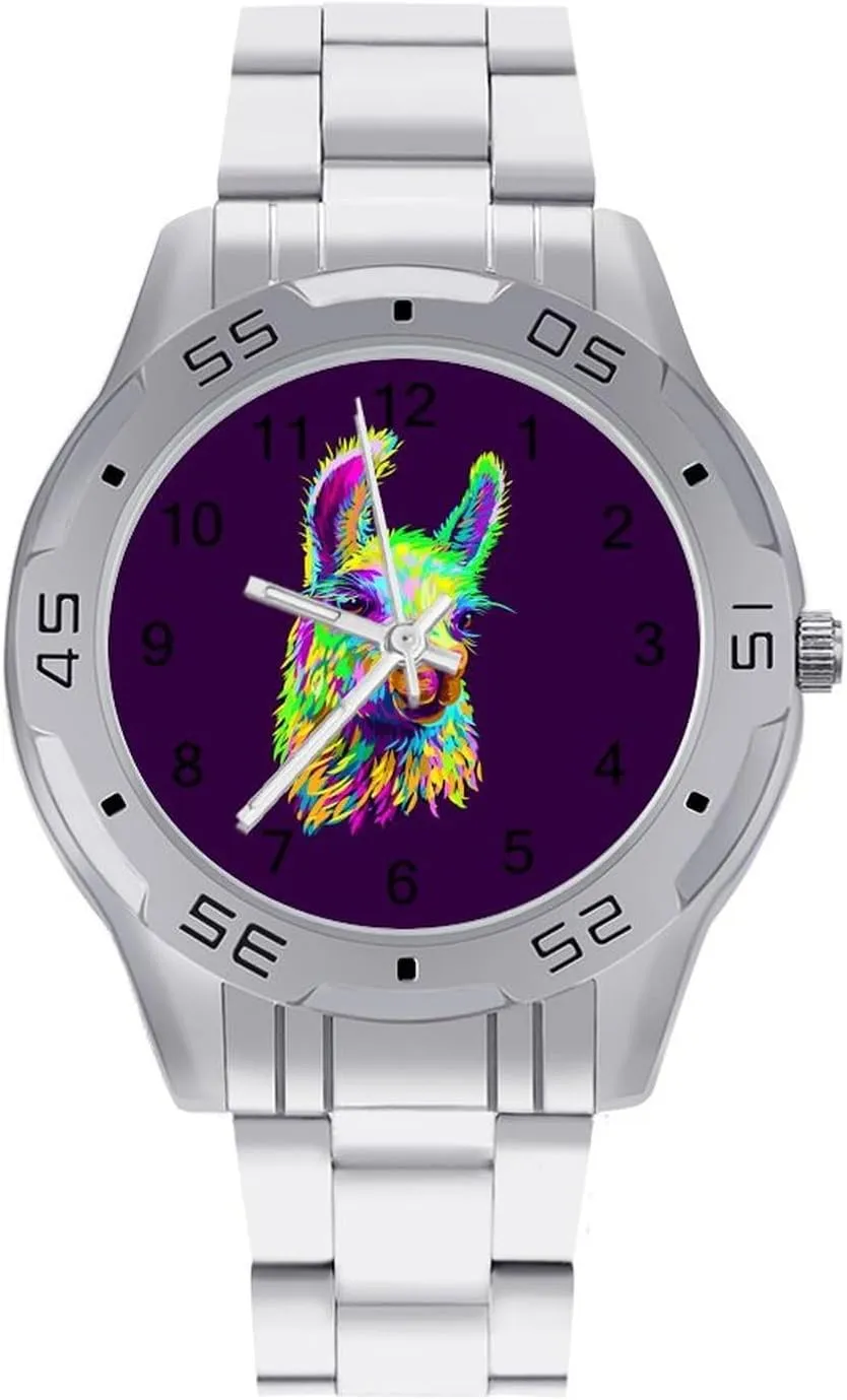 Colorful Alpaca Llama Portrait Stainless Steel Metal Strap Simple Business Watches for Men Easy Reader Work Casual Watch