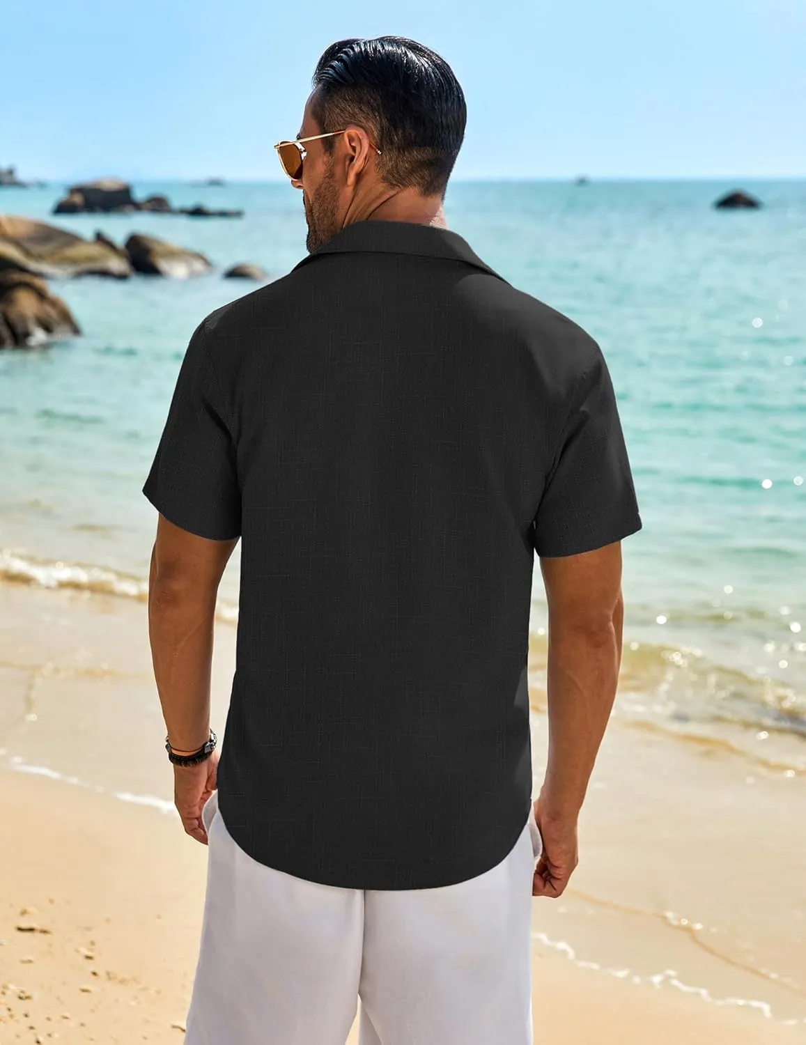 COOFANDY Mens Button Down Shirt Short Sleeve Casual Shirts Beach Summer Linen Shirts Wedding Vacation Shirt