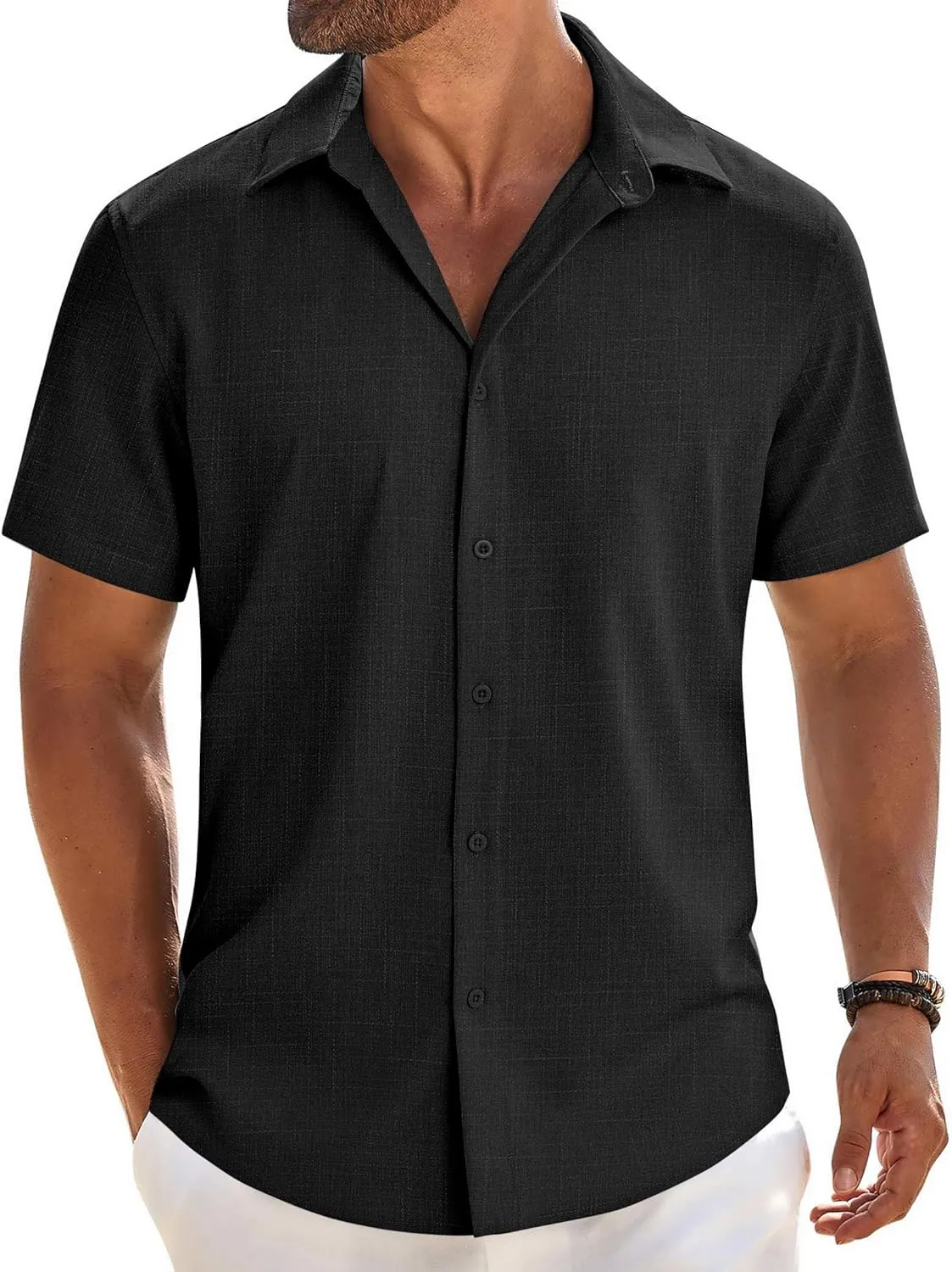 COOFANDY Mens Button Down Shirt Short Sleeve Casual Shirts Beach Summer Linen Shirts Wedding Vacation Shirt