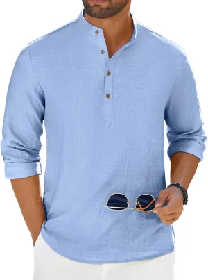 COOFANDY Men's Casual Henley Shirt Long Sleeve Band Collar Shirts Summer Beach Hippie Button T-Shirts