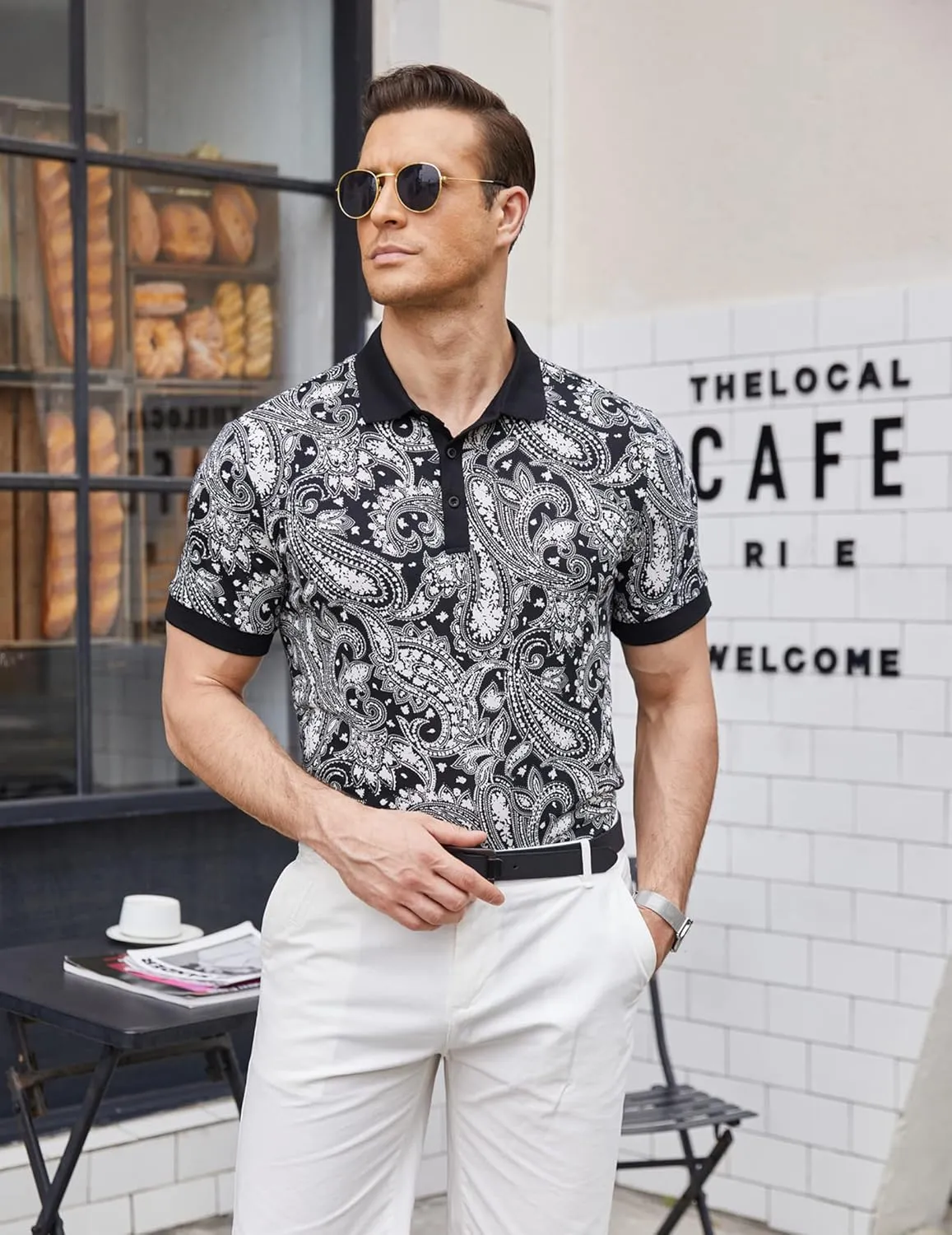 COOFANDY Mens Casual Short Sleeve Polo Shirts Slim Fit Paisley Polo T Shirts Floral Print Shirt
