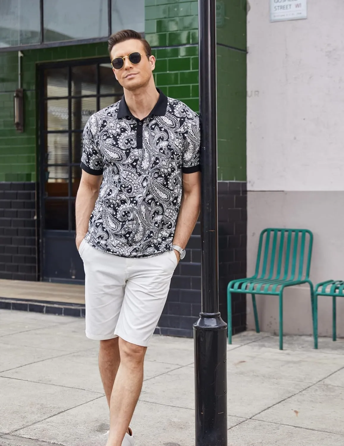COOFANDY Mens Casual Short Sleeve Polo Shirts Slim Fit Paisley Polo T Shirts Floral Print Shirt