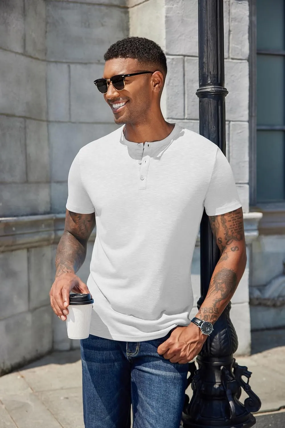 COOFANDY Men's Henley Shirts Short Sleeve Casual Basic Henley Tee Summer Button Lightweight Stretch T Shirts