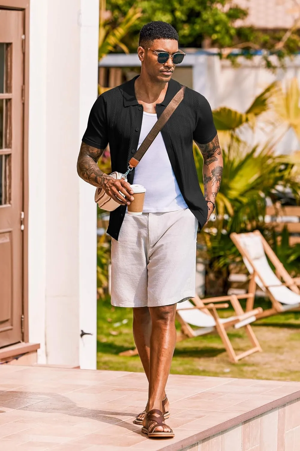 COOFANDY Mens Knit Button Down Shirts Short Sleeve Vintage Polo Shirt Casual Vacation Beach Shirts