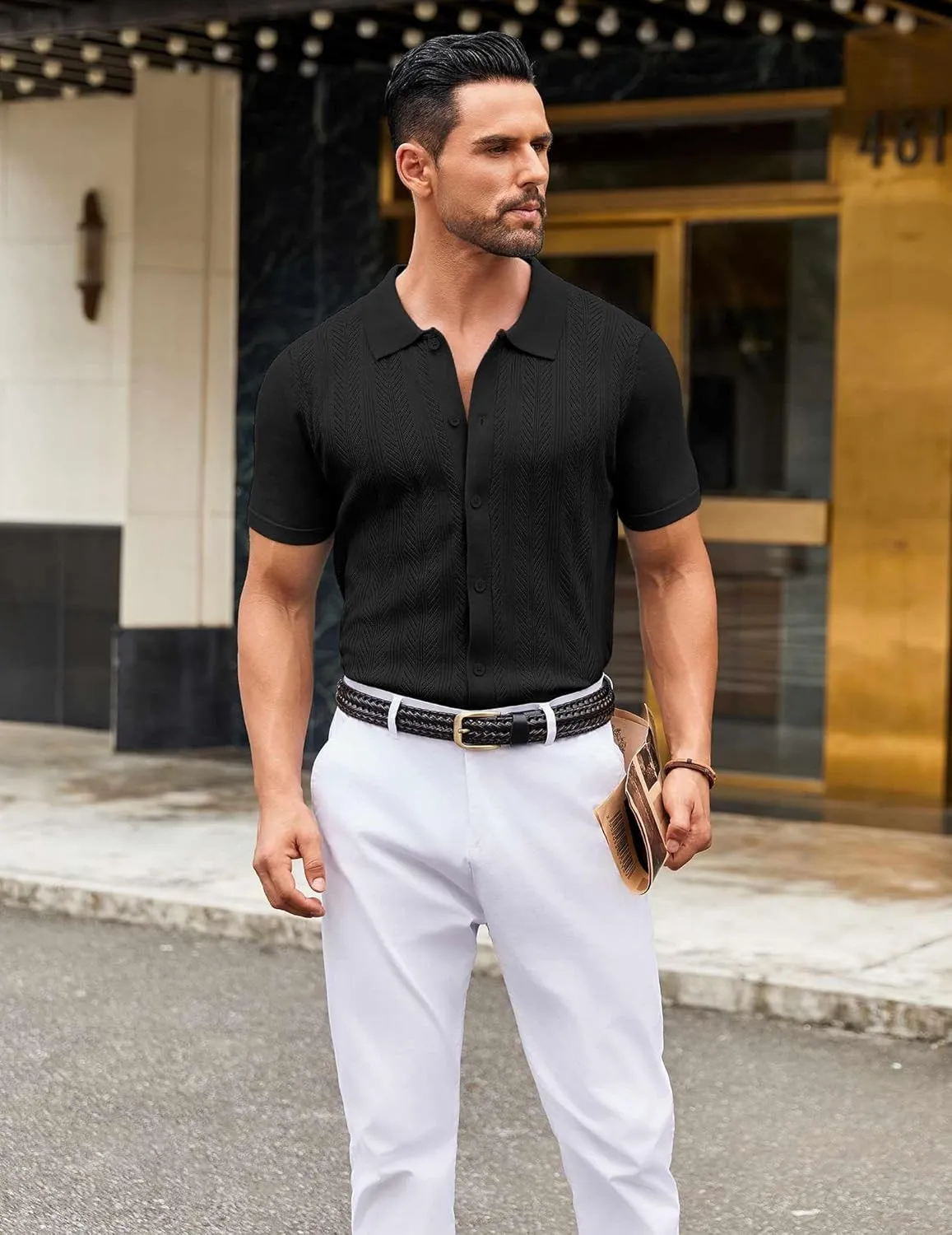 COOFANDY Mens Knit Button Down Shirts Short Sleeve Vintage Polo Shirt Casual Vacation Beach Shirts
