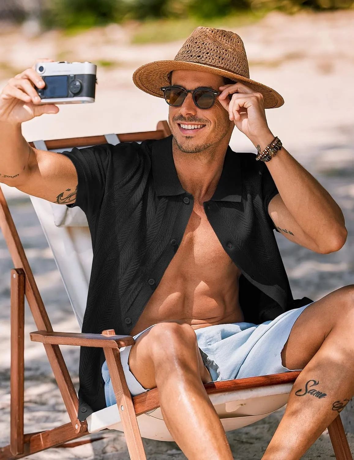 COOFANDY Mens Knit Button Down Shirts Short Sleeve Vintage Polo Shirt Casual Vacation Beach Shirts