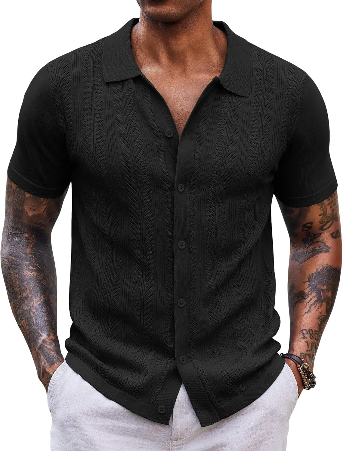 COOFANDY Mens Knit Button Down Shirts Short Sleeve Vintage Polo Shirt Casual Vacation Beach Shirts