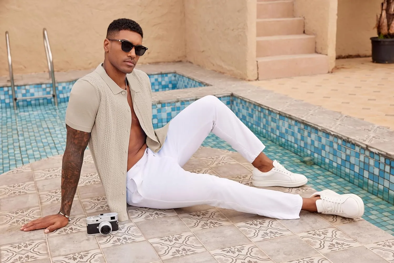 COOFANDY Mens Knit Polo Shirts Short Sleeve Button Down Shirts Casual Crochet Shirt Summer Vintage Polo