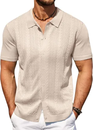 COOFANDY Mens Knit Polo Shirts Short Sleeve Button Down Shirts Casual Crochet Shirt Summer Vintage Polo