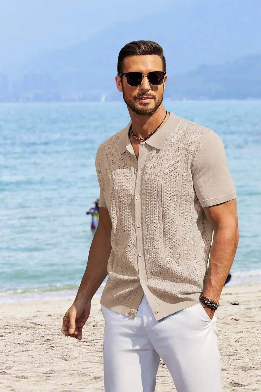 COOFANDY Mens Knit Polo Shirts Short Sleeve Button Down Shirts Casual Crochet Shirt Summer Vintage Polo