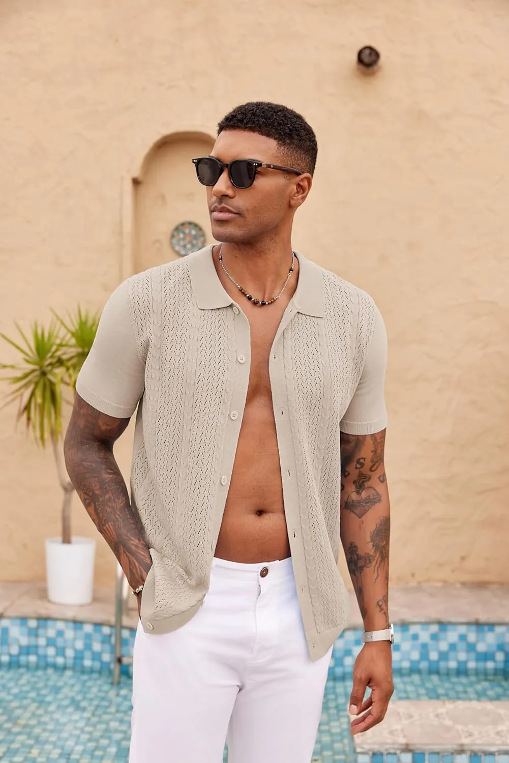 COOFANDY Mens Knit Polo Shirts Short Sleeve Button Down Shirts Casual Crochet Shirt Summer Vintage Polo