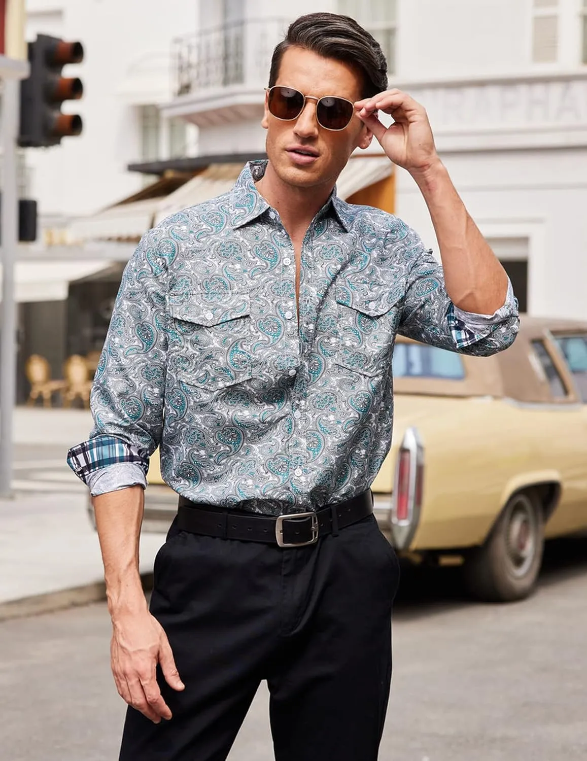 COOFANDY Mens Paisley Printed Shirts Casual Long Sleeve Button Down Shirts Floral Dress Shirt with Pockets