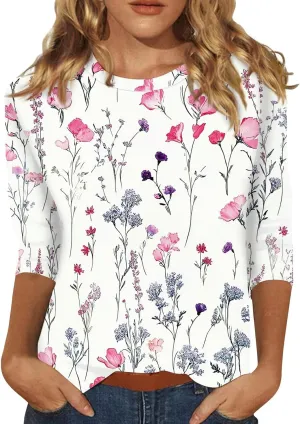 COTECRAM Womens Casual 3/4 Lenght Sleeve Tops Trendy Loose Shirts Crewneck Printed Cute Blouse Graphic Tees Tunics