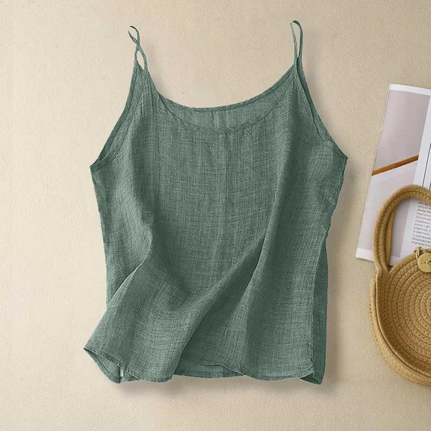 Cotton Linen Camisole Tops for Women 2025 Spaghetti Strap Loose Fit Tank Top Cami Summer Casual Sleeveless Shirts