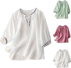 Cotton Linen Shirts for Women 2025 Trendy Summer Floral Embroidered 3/4 Sleeve Flowy Blouse Dressy Casual Boho Tops