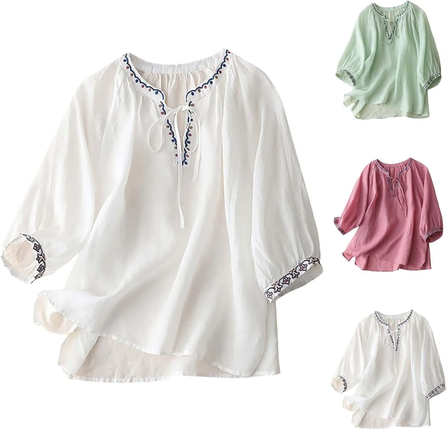 Cotton Linen Shirts for Women 2025 Trendy Summer Floral Embroidered 3/4 Sleeve Flowy Blouse Dressy Casual Boho Tops