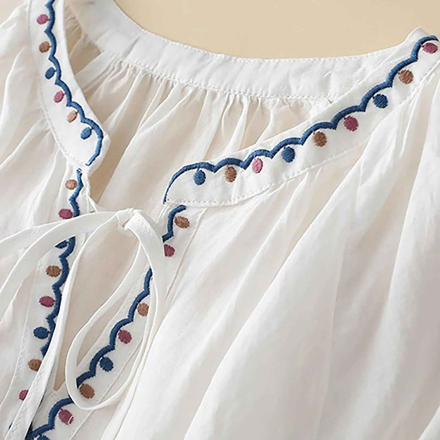 Cotton Linen Shirts for Women 2025 Trendy Summer Floral Embroidered 3/4 Sleeve Flowy Blouse Dressy Casual Boho Tops