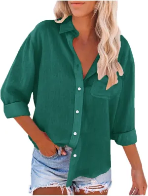 Cotton Linen Shirts for Women Loose Lapel Collar Single Breasted Roll Up Sleeve Work Tunic Solid Color Business Blouse