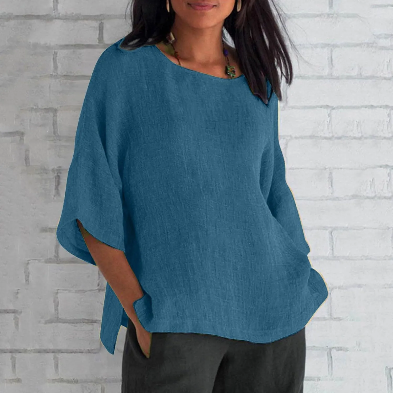 Cotton Linen Tops for Women Loose Fit Boho Solid Tunic Tops 2024 Summer Casual Elbow Sleeve Side Slit Blouse, Beige