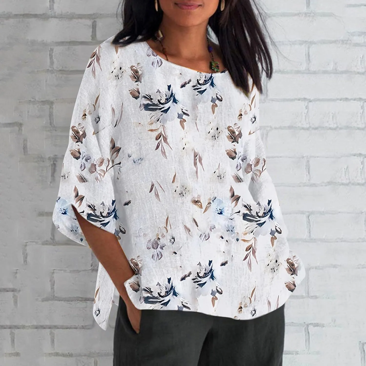 Cotton Linen Tops for Women Loose Fit Boho Solid Tunic Tops 2024 Summer Casual Elbow Sleeve Side Slit Blouse, Beige