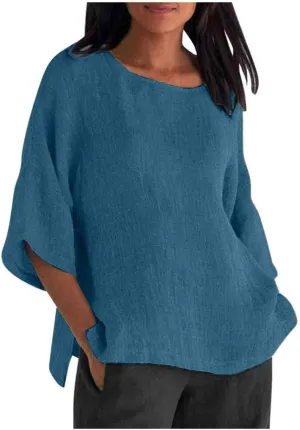 Cotton Linen Tops for Women Loose Fit Boho Solid Tunic Tops 2024 Summer Casual Elbow Sleeve Side Slit Blouse, Beige