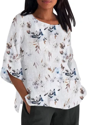Cotton Linen Tops for Women Loose Fit Boho Solid Tunic Tops 2024 Summer Casual Elbow Sleeve Side Slit Blouse, Beige
