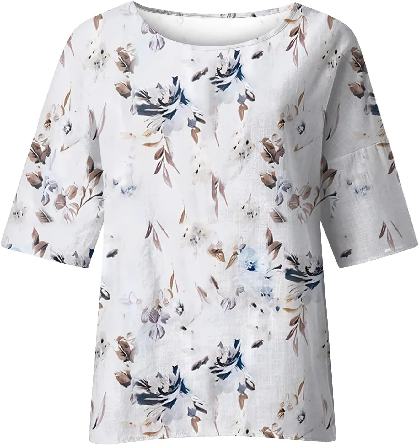 Cotton Linen Tops for Women Loose Fit Boho Solid Tunic Tops 2024 Summer Casual Elbow Sleeve Side Slit Blouse, Beige