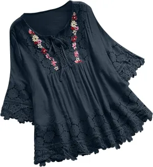 Cotton Linen Tops for Women Vintage Lace Patchwork Bow V-Neck Embroidery Shirts 3/4 Bell Sleeve Plus Size Blouse