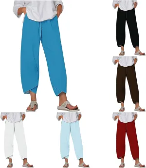 Cotton Linen Wide Leg Capri Pants for Women with Pockets 2025 Summer High Waist Dress Pant for Workout Casual Trousers