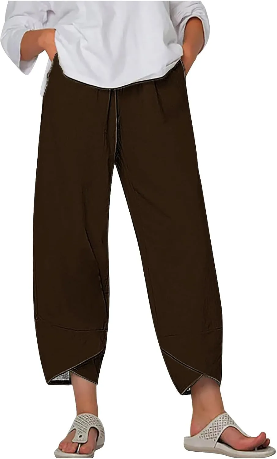 Cotton Linen Wide Leg Capri Pants for Women with Pockets 2025 Summer High Waist Dress Pant for Workout Casual Trousers