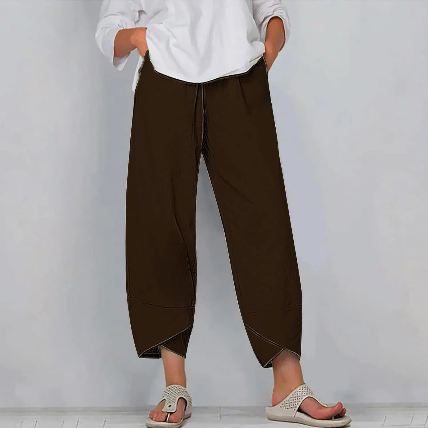 Cotton Linen Wide Leg Capri Pants for Women with Pockets 2025 Summer High Waist Dress Pant for Workout Casual Trousers