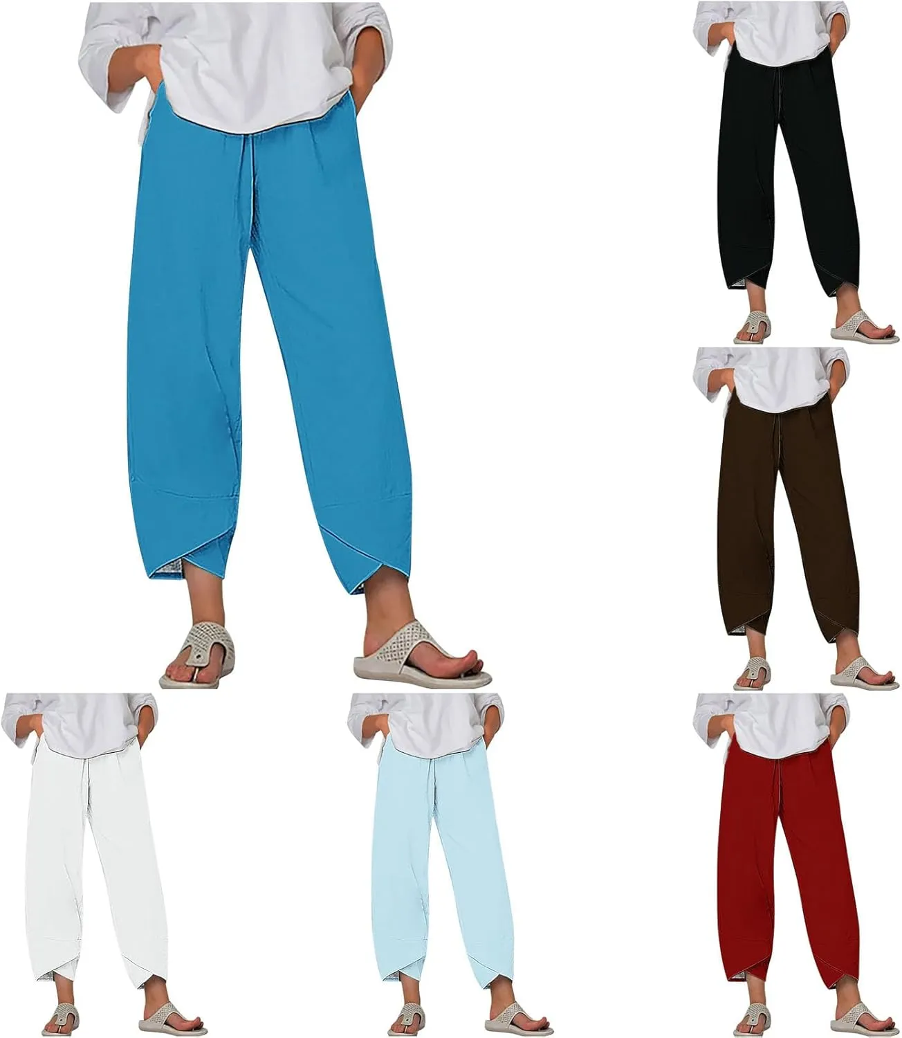 Cotton Linen Wide Leg Capri Pants for Women with Pockets 2025 Summer High Waist Dress Pant for Workout Casual Trousers