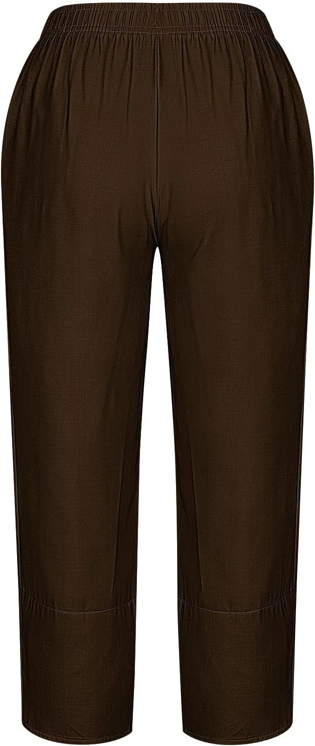 Cotton Linen Wide Leg Capri Pants for Women with Pockets 2025 Summer High Waist Dress Pant for Workout Casual Trousers