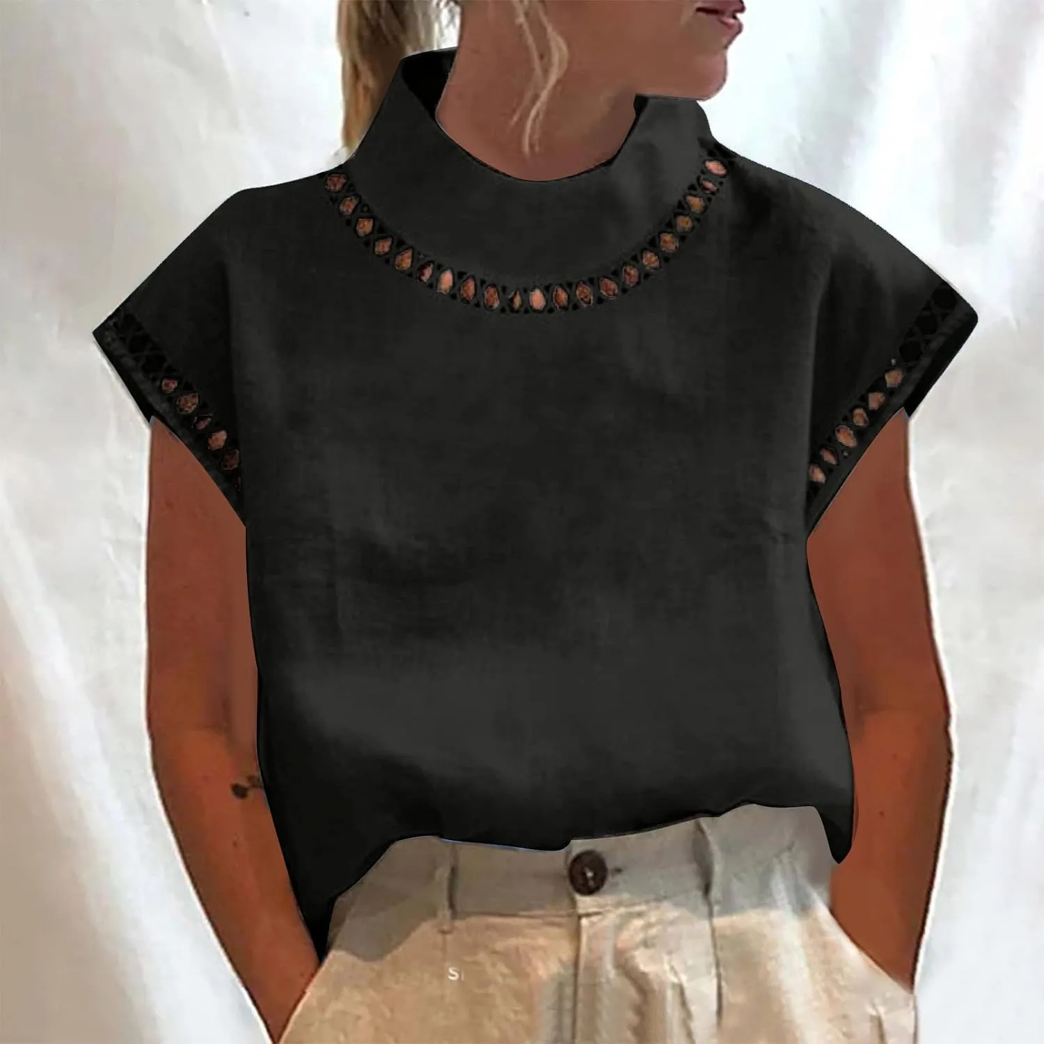 Cotton Tshirts for Women Elegant Cap Sleeve Solid Cotton Linen Tops Summer Fashion Blouse Going Out Trendy Clothes