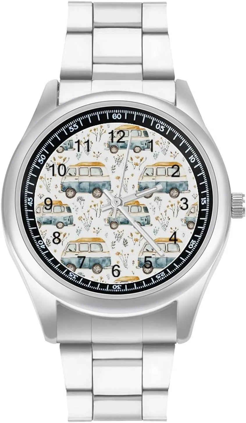 Cute Campervan RV Vehicle Stainless Steel Strap Simple Business Watches for Men Easy Reader Work Casual Watch