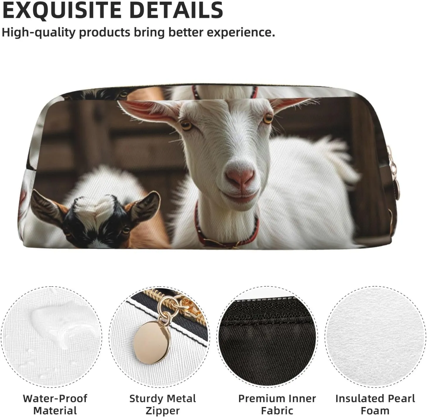 Cute Goat Makeup Bag for Women Men Pencil Pouch Travel Small Cosmetic Bag Zippered Toiletry Bags Aesthetic Pen Bags Trendy Storage Bags Leather Coin Pouch Purse