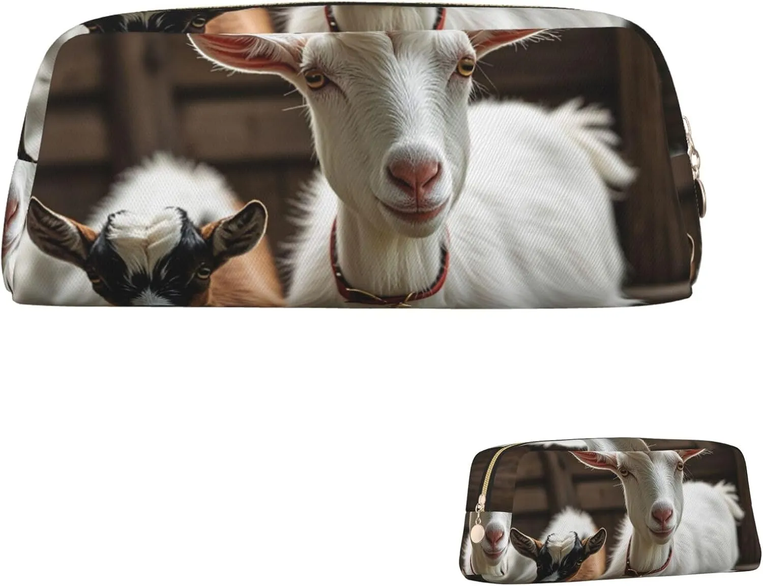 Cute Goat Makeup Bag for Women Men Pencil Pouch Travel Small Cosmetic Bag Zippered Toiletry Bags Aesthetic Pen Bags Trendy Storage Bags Leather Coin Pouch Purse