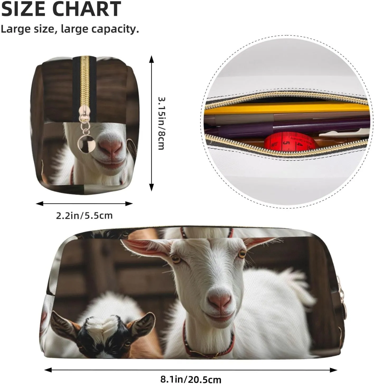 Cute Goat Makeup Bag for Women Men Pencil Pouch Travel Small Cosmetic Bag Zippered Toiletry Bags Aesthetic Pen Bags Trendy Storage Bags Leather Coin Pouch Purse