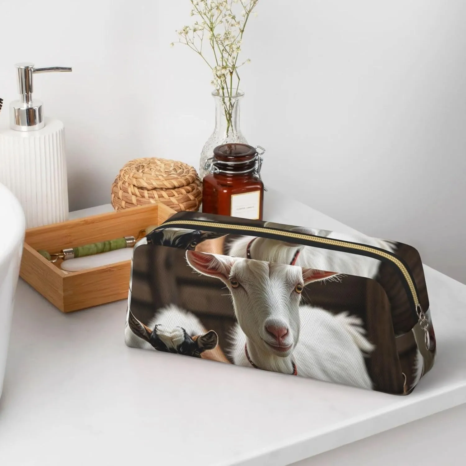 Cute Goat Makeup Bag for Women Men Pencil Pouch Travel Small Cosmetic Bag Zippered Toiletry Bags Aesthetic Pen Bags Trendy Storage Bags Leather Coin Pouch Purse