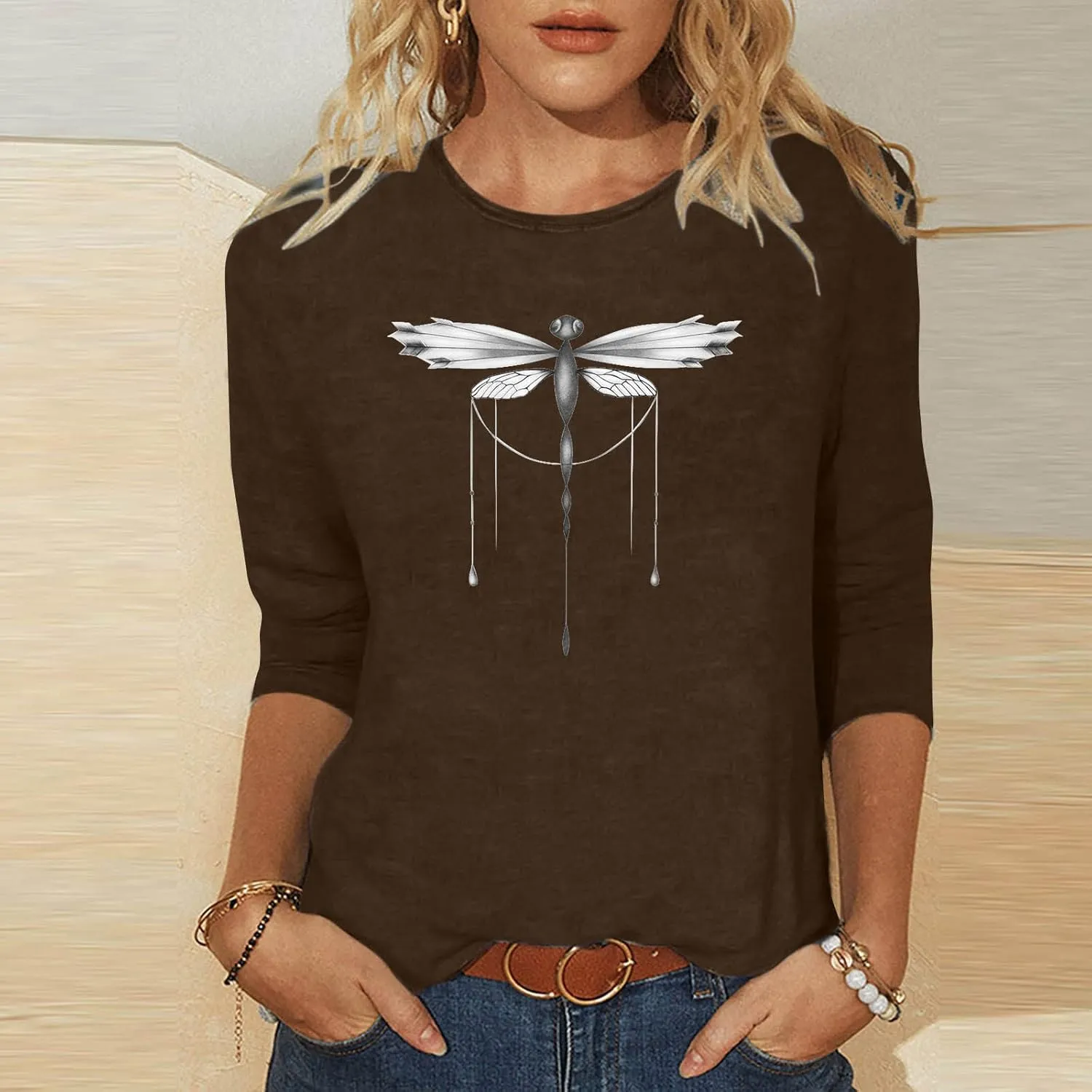 Cute Graphic 3/4 Sleeve Tops for Women Causal 2024 Summer Three Quarter Elbow Length Dragonfly Print Shirt Blouse