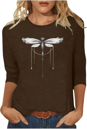Cute Graphic 3/4 Sleeve Tops for Women Causal 2024 Summer Three Quarter Elbow Length Dragonfly Print Shirt Blouse
