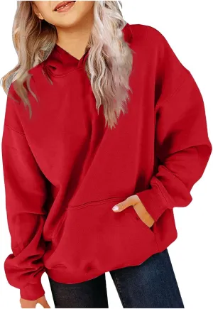 Cute Hoodies for Teen Girls Oversized Long Sleeve Fleece Hooded Sweatshirt Trendy Casual Solid Pocket Pullover Tops