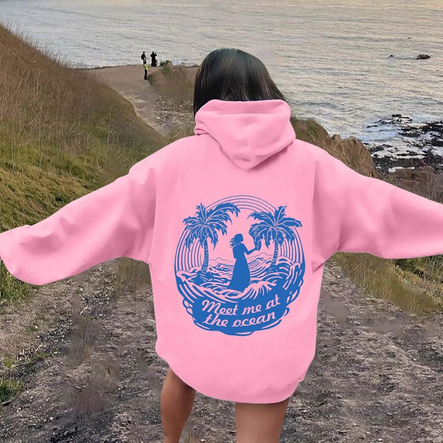 Cute Hoodies Womens Pink Graphic Oversized Hoodies Letter Print Casual Long Sleeve Drawstring Pullover Tops