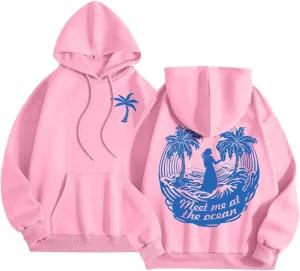 Cute Hoodies Womens Pink Graphic Oversized Hoodies Letter Print Casual Long Sleeve Drawstring Pullover Tops