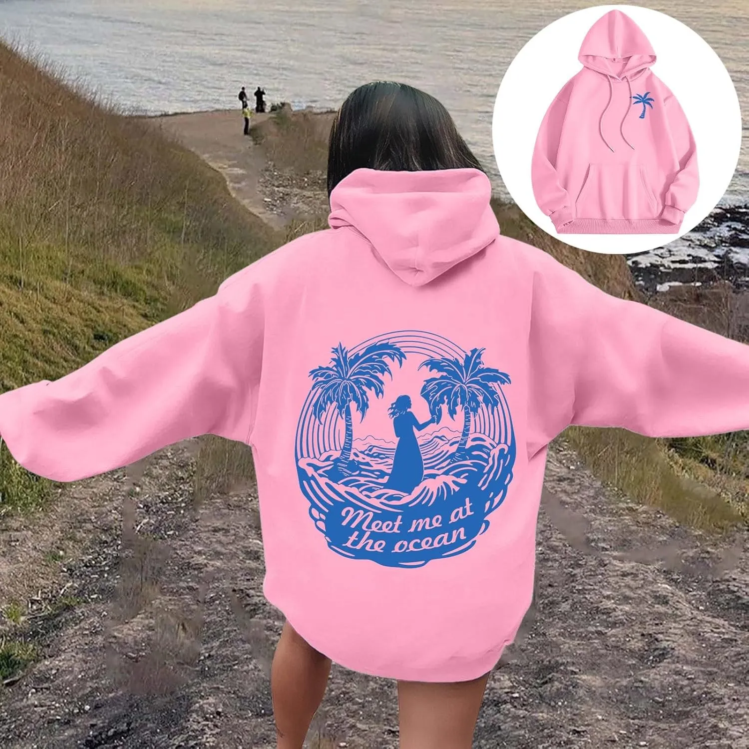 Cute Hoodies Womens Pink Graphic Oversized Hoodies Letter Print Casual Long Sleeve Drawstring Pullover Tops