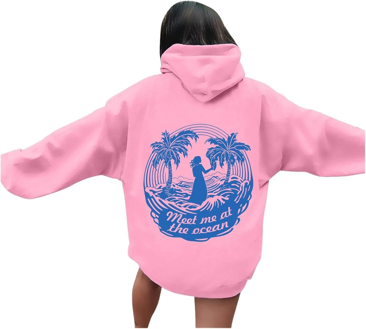 Cute Hoodies Womens Pink Graphic Oversized Hoodies Letter Print Casual Long Sleeve Drawstring Pullover Tops